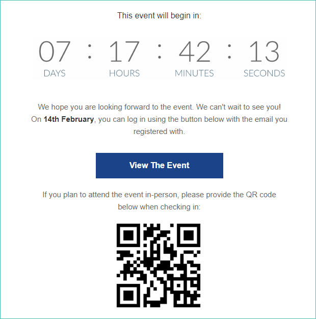 Event Registration Email with QR code check-in for physical attendees